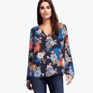 Floral V‑Neck Long‑Sleeve Blouse - Navy Multi